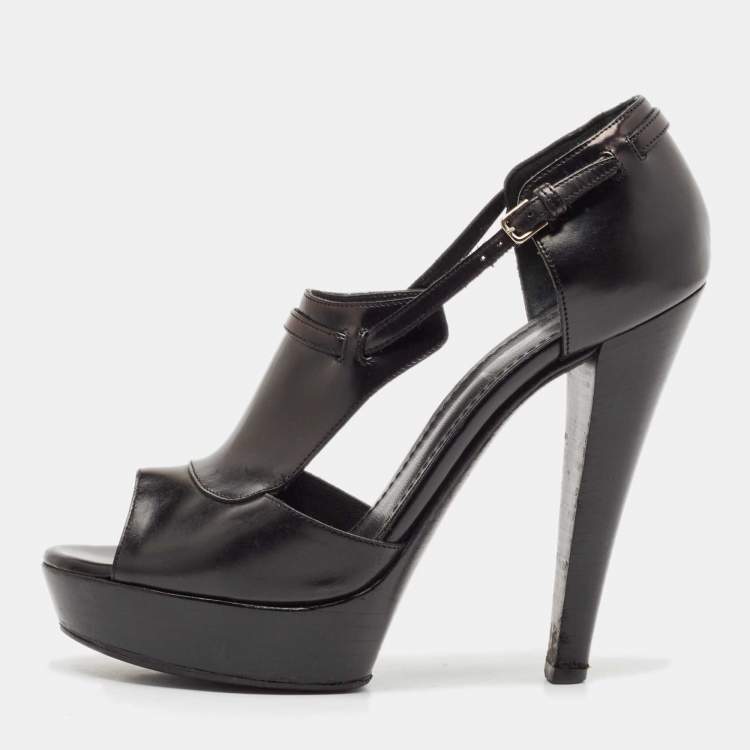 Pre Owned Yves Saint Laurent Black Leather T-Strap Platform Sandals Size 36
