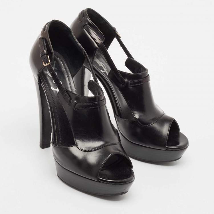 Pre Owned Yves Saint Laurent Black Leather T-Strap Platform Sandals Size 36