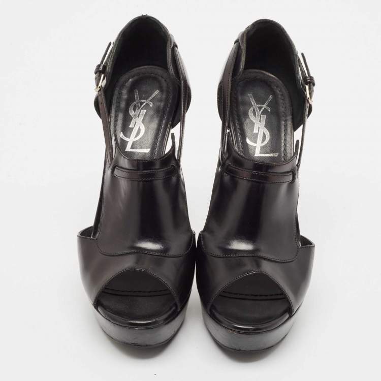 Pre Owned Yves Saint Laurent Black Leather T-Strap Platform Sandals Size 36