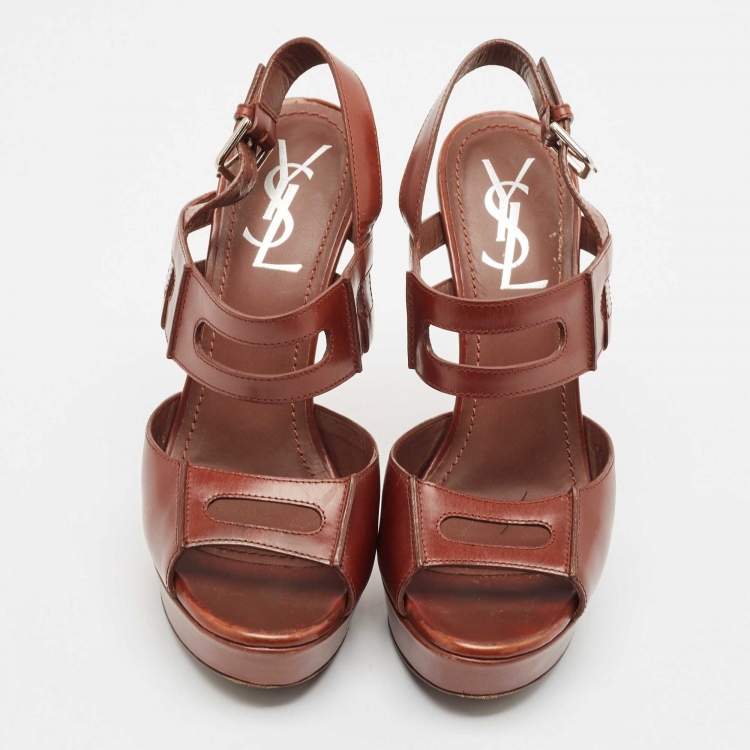 Pre Owned Yves Saint Laurent Dark Brown Leather Platform Sandals Size 36
