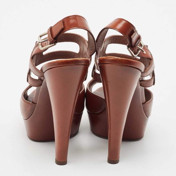 Pre Owned Yves Saint Laurent Dark Brown Leather Platform Sandals Size 36