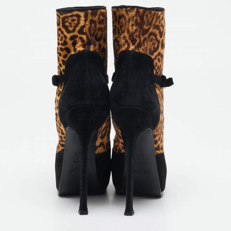 Pre Owned Yves Saint Laurent Black/Brown Calf Hair and Suede Ankle Length Boots Size 38.5