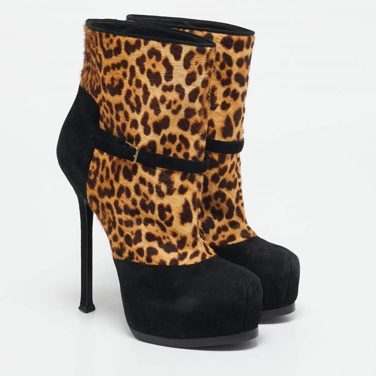 Pre Owned Yves Saint Laurent Black/Brown Calf Hair and Suede Ankle Length Boots Size 38.5
