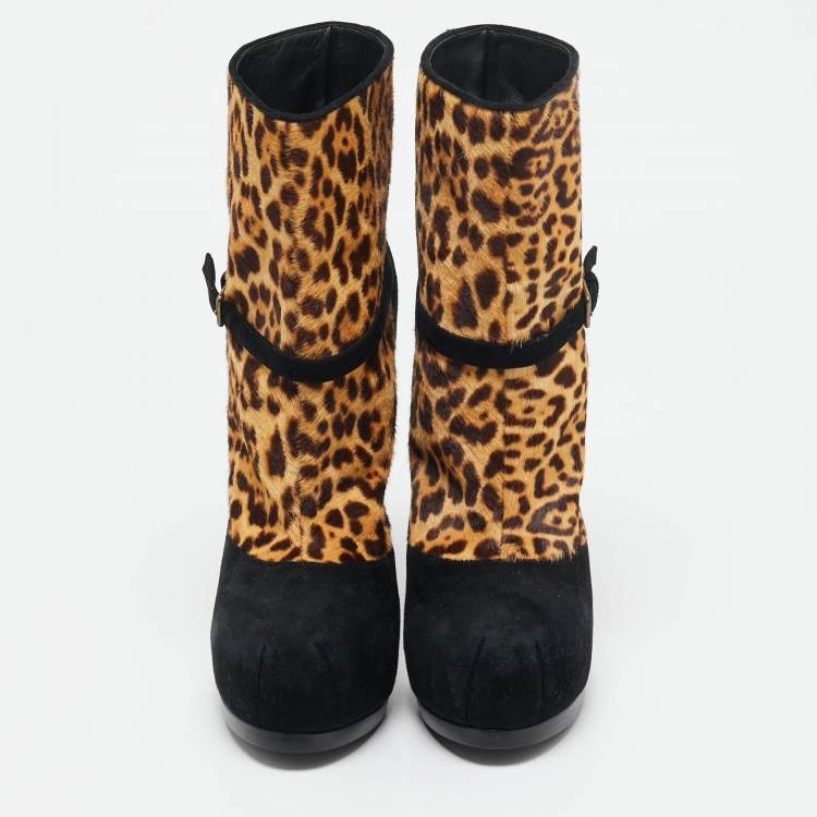 Pre Owned Yves Saint Laurent Black/Brown Calf Hair and Suede Ankle Length Boots Size 38.5