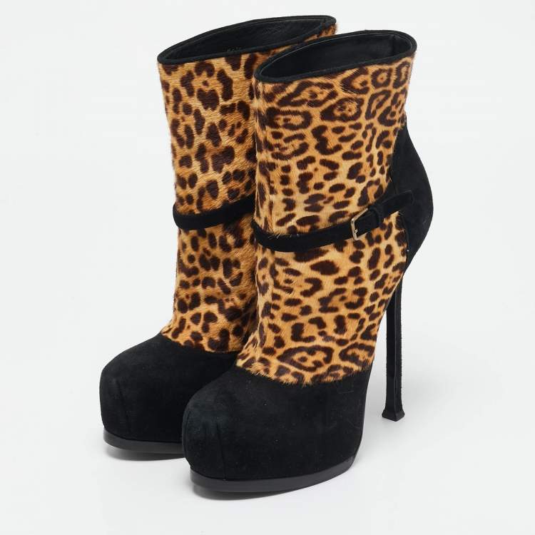 Pre Owned Yves Saint Laurent Black/Brown Calf Hair and Suede Ankle Length Boots Size 38.5