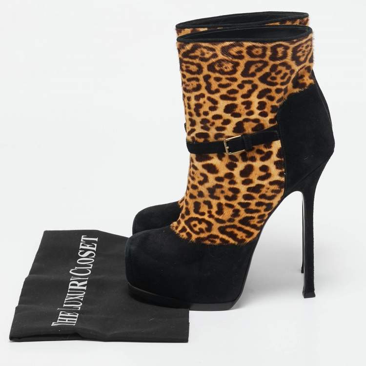 Pre Owned Yves Saint Laurent Black/Brown Calf Hair and Suede Ankle Length Boots Size 38.5