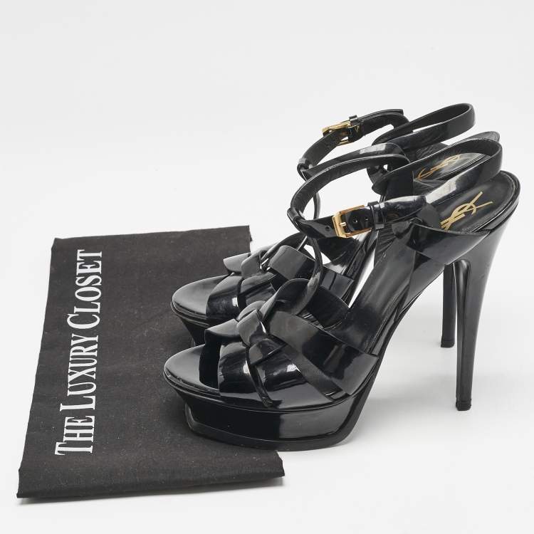 Pre Owned Yves Saint Laurent Black Patent Leather Tribute Sandals Size 38