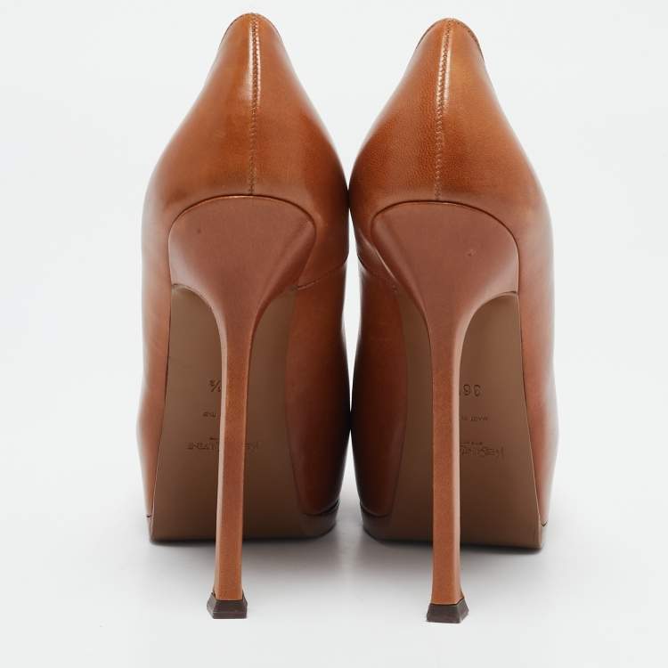 Pre Owned Yves Saint Laurent Brown Leather Tribtoo Platform Pumps Size 36.5