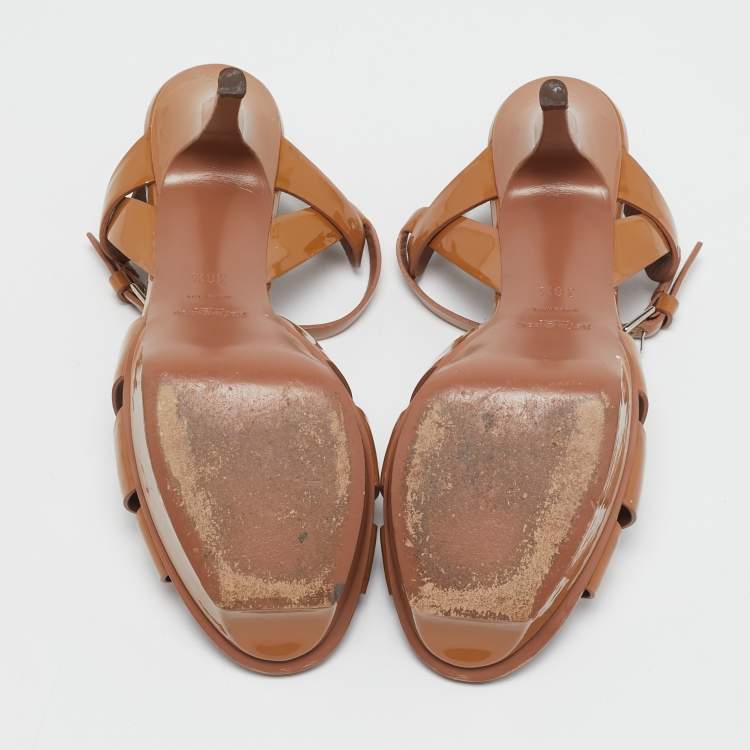 Pre Owned Yves Saint Laurent Brown Patent Leather Tribute Platform Sandals Size 38.5
