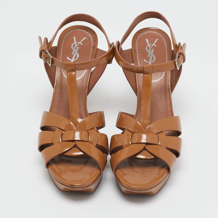 Pre Owned Yves Saint Laurent Brown Patent Leather Tribute Platform Sandals Size 38.5