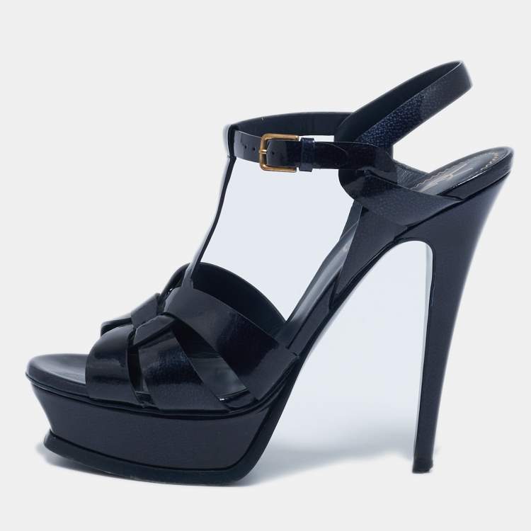 Pre Owned Yves Saint Laurent Navy Blue  Patent Leather Tribute Platform Sandals Size 38.5