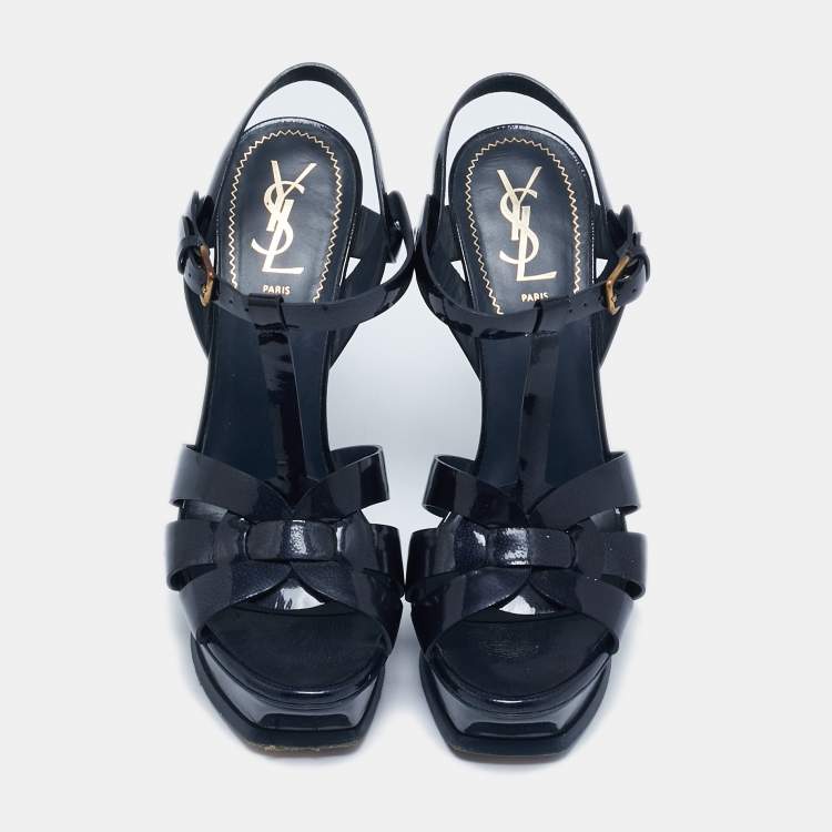 Pre Owned Yves Saint Laurent Navy Blue  Patent Leather Tribute Platform Sandals Size 38.5