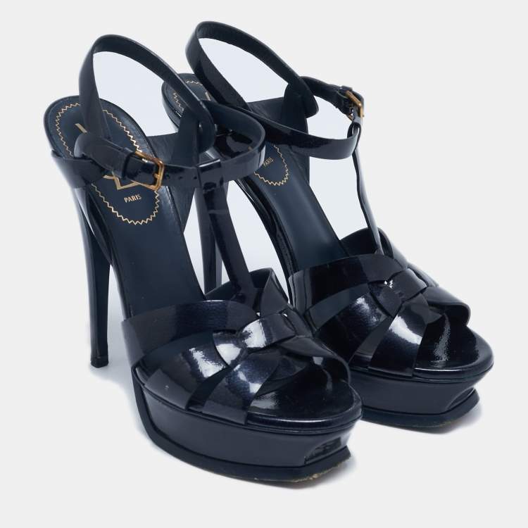 Pre Owned Yves Saint Laurent Navy Blue  Patent Leather Tribute Platform Sandals Size 38.5