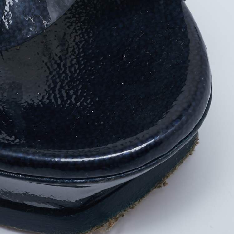 Pre Owned Yves Saint Laurent Navy Blue  Patent Leather Tribute Platform Sandals Size 38.5