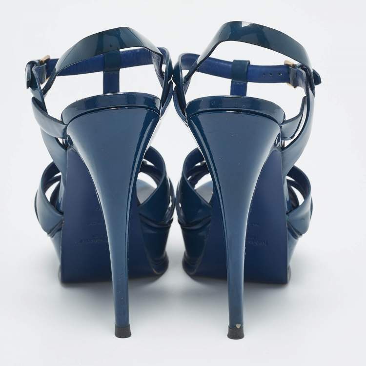 Pre Owned Yves Saint Laurent Blue Patent Leather Tribute Platform Sandals Size 39