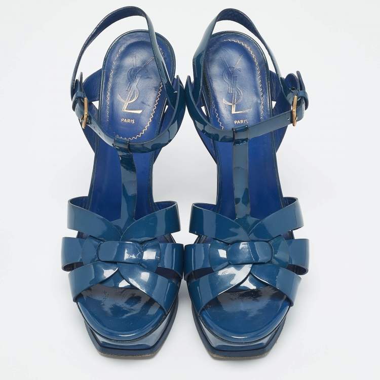 Pre Owned Yves Saint Laurent Blue Patent Leather Tribute Platform Sandals Size 39