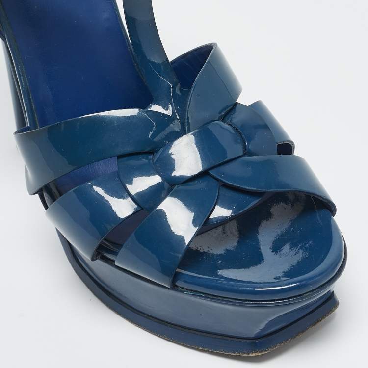Pre Owned Yves Saint Laurent Blue Patent Leather Tribute Platform Sandals Size 39