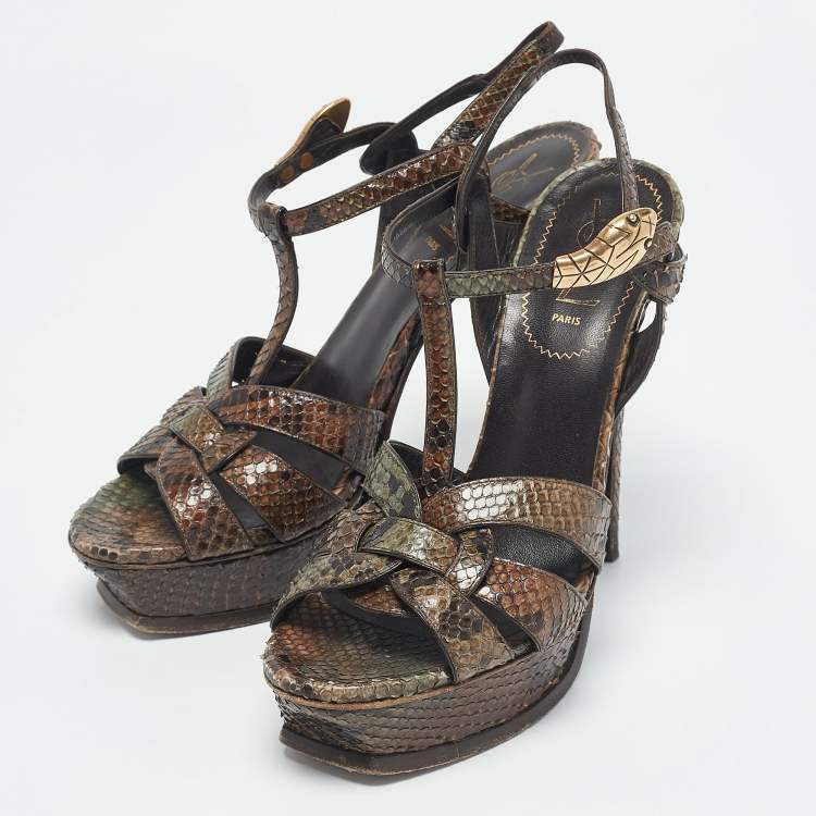 Pre Owned Yves Saint Laurent Brown Python Leather Platform Sandals Size 39