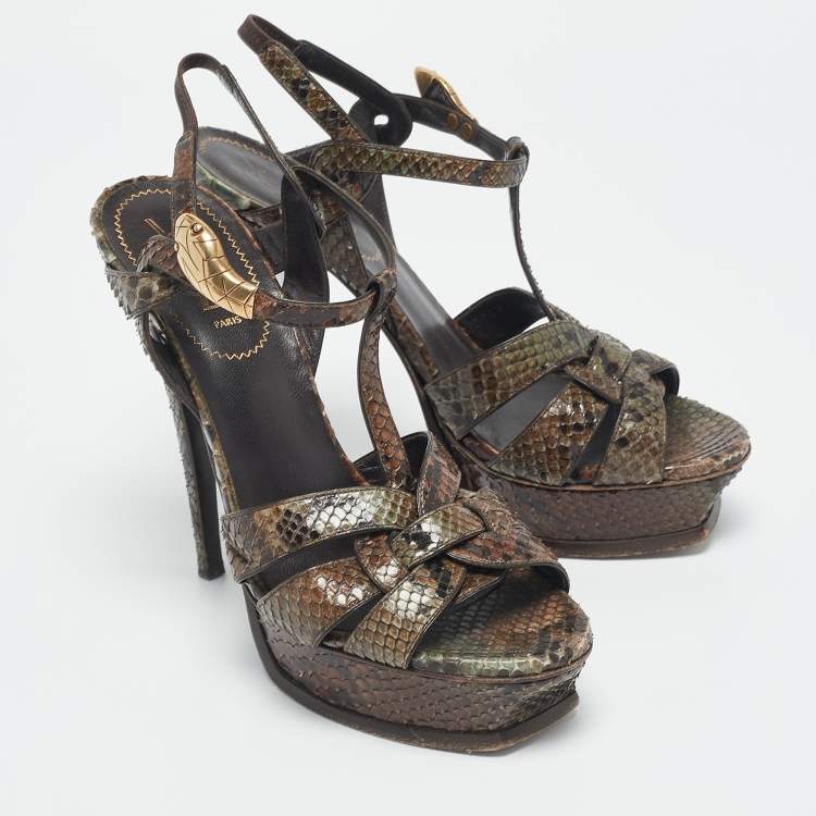 Pre Owned Yves Saint Laurent Brown Python Leather Platform Sandals Size 39