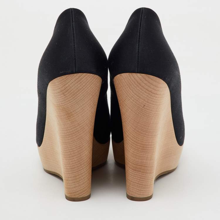 Pre Owned Yves Saint Laurent Black Satin Maryna Platform Wedge Pumps Size 38