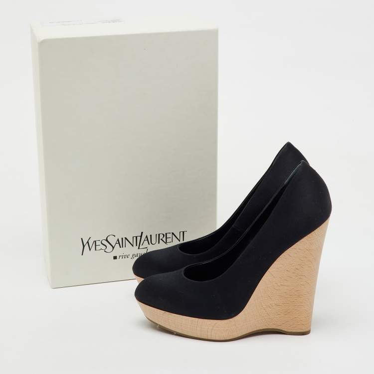 Pre Owned Yves Saint Laurent Black Satin Maryna Platform Wedge Pumps Size 38