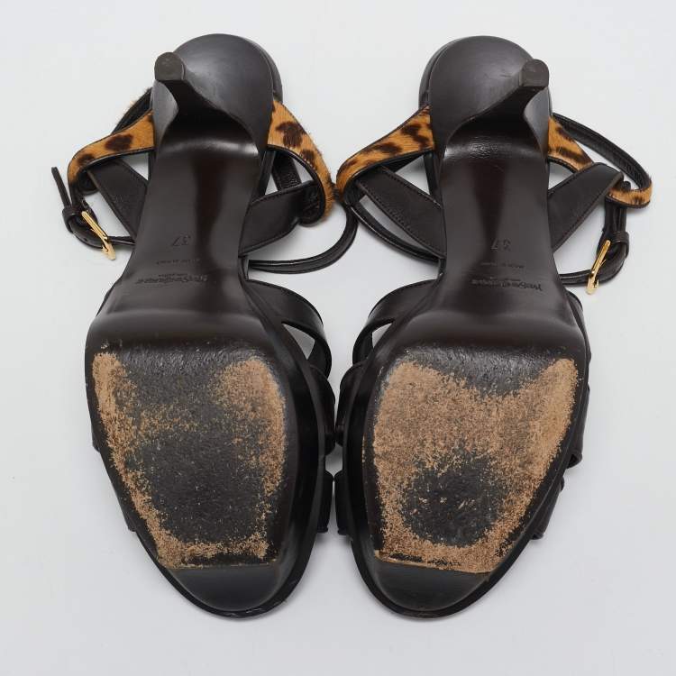 Pre Owned Yves Saint Laurent Brown/Beige Calf Hair and Leather Tribute Ankle Strap Sandals Size 37