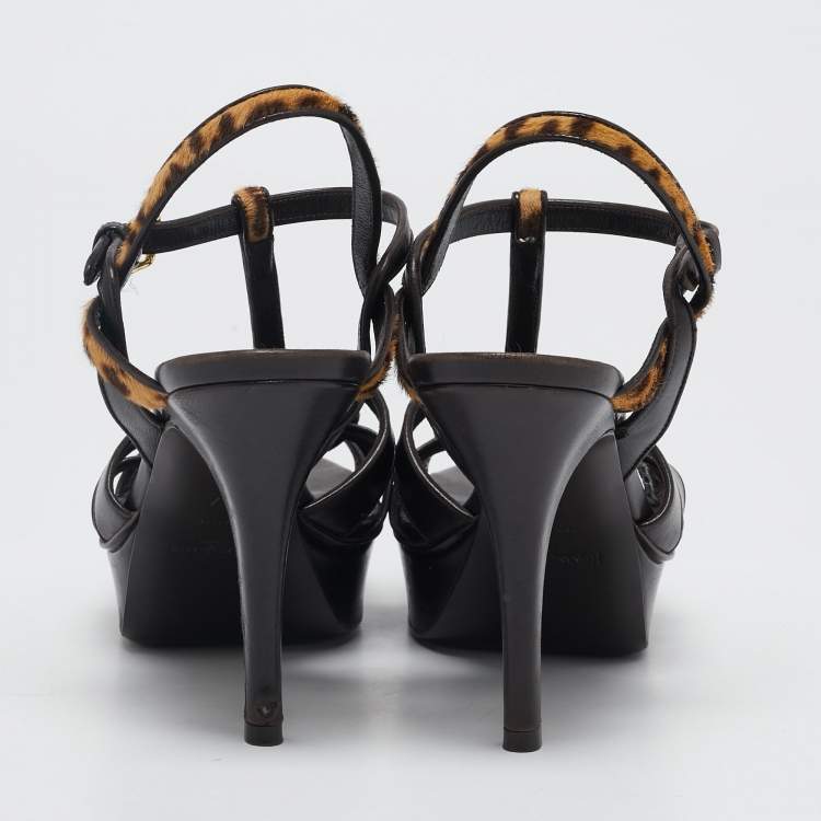 Pre Owned Yves Saint Laurent Brown/Beige Calf Hair and Leather Tribute Ankle Strap Sandals Size 37