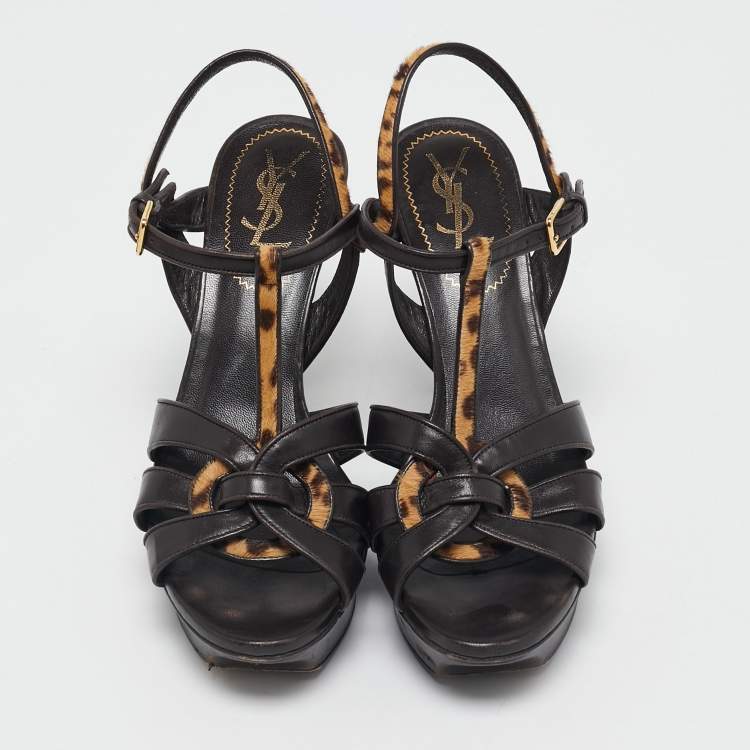 Pre Owned Yves Saint Laurent Brown/Beige Calf Hair and Leather Tribute Ankle Strap Sandals Size 37