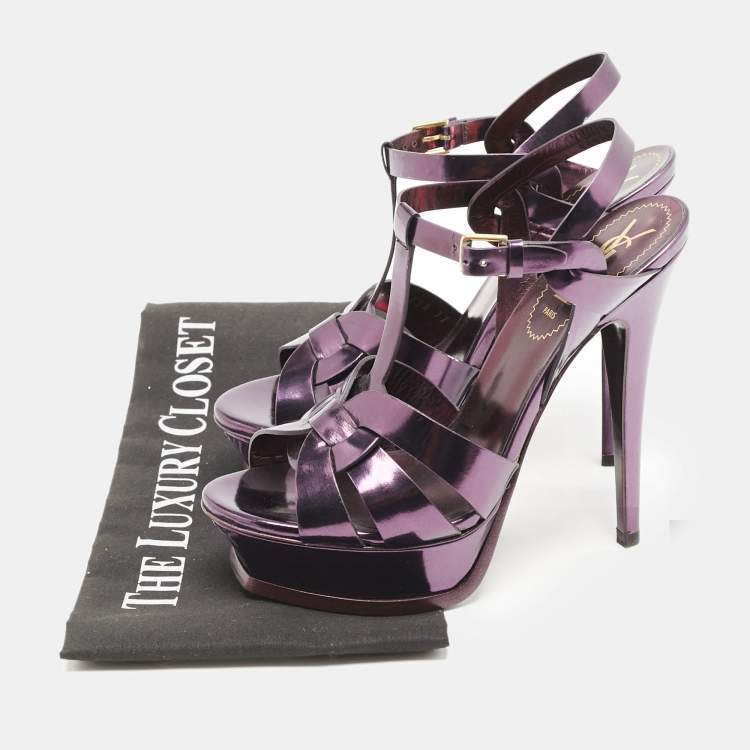 Pre Owned Yves Saint Laurent Metallic Purple Leather Tribute Platform Sandals Size 37