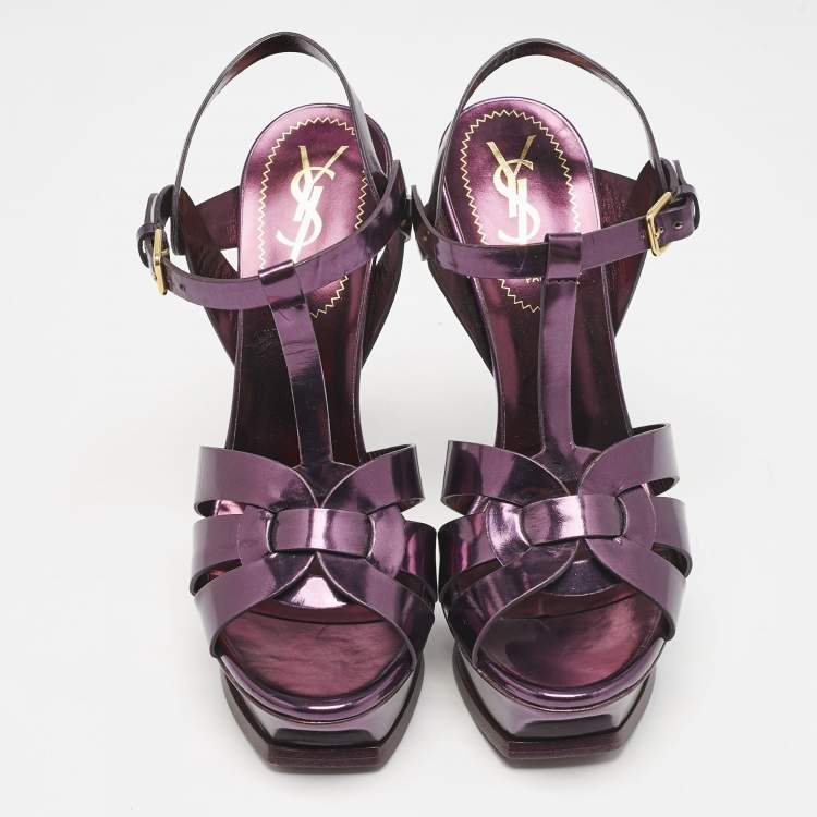 Pre Owned Yves Saint Laurent Metallic Purple Leather Tribute Platform Sandals Size 37