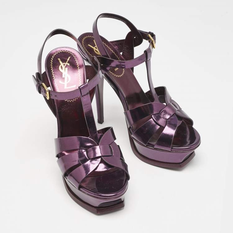 Pre Owned Yves Saint Laurent Metallic Purple Leather Tribute Platform Sandals Size 37