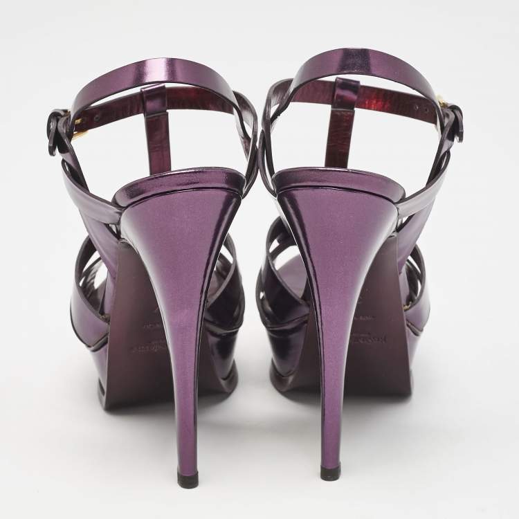 Pre Owned Yves Saint Laurent Metallic Purple Leather Tribute Platform Sandals Size 37