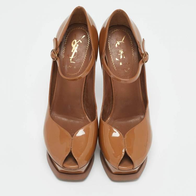 Pre Owned Yves Saint Laurent Brown Patent Leather Mary Jane Pumps Size 37.5