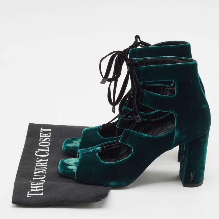 Pre Owned Saint Laurent Dark Green Velvet Loulou Open Toe Lace Up Block Heel Pumps Size 37.5
