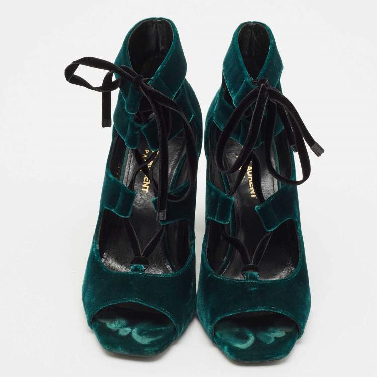 Pre Owned Saint Laurent Dark Green Velvet Loulou Open Toe Lace Up Block Heel Pumps Size 37.5