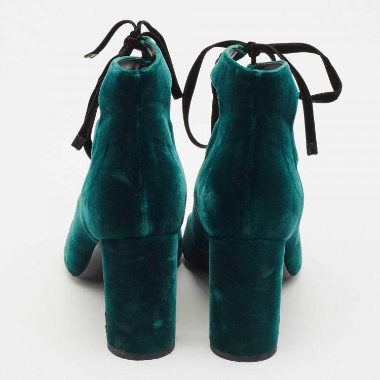 Pre Owned Saint Laurent Dark Green Velvet Loulou Open Toe Lace Up Block Heel Pumps Size 37.5