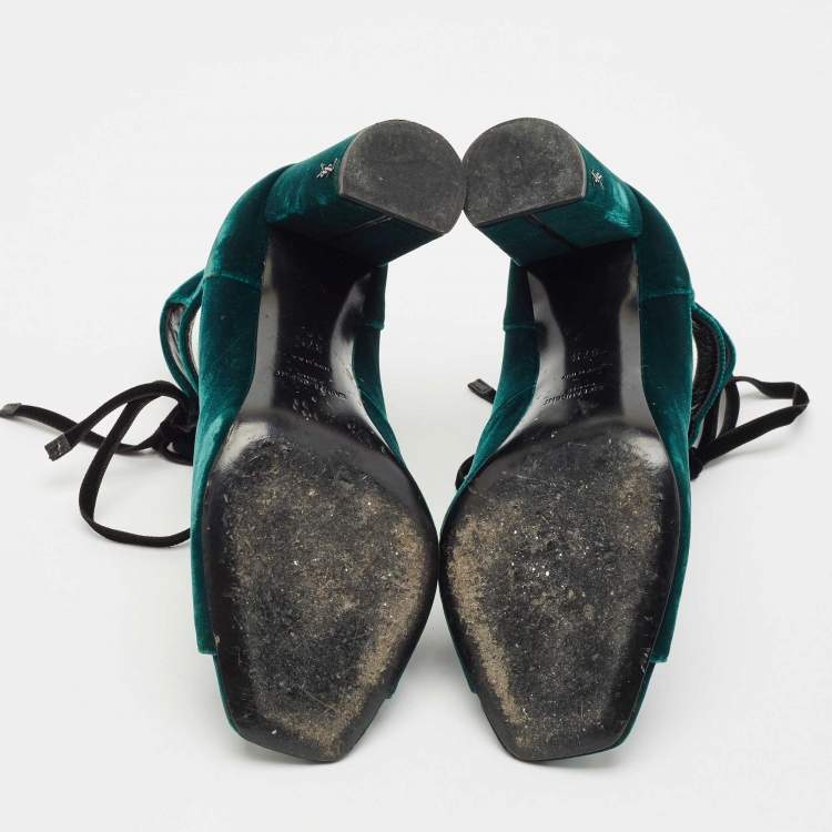 Pre Owned Saint Laurent Dark Green Velvet Loulou Open Toe Lace Up Block Heel Pumps Size 37.5