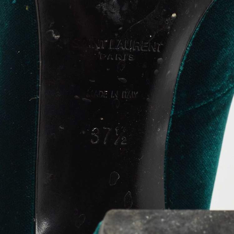 Pre Owned Saint Laurent Dark Green Velvet Loulou Open Toe Lace Up Block Heel Pumps Size 37.5