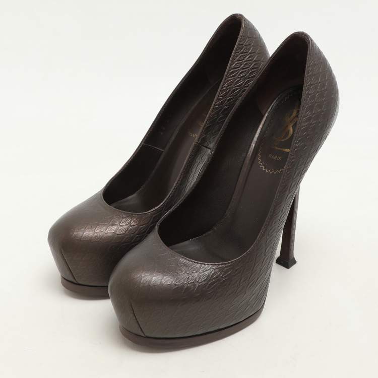 Pre Owned Yves Saint Laurent Brown Python Embossed Leather Tribtoo Platform Pumps Size 36