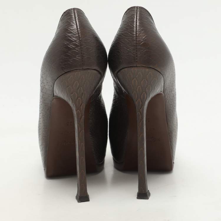 Pre Owned Yves Saint Laurent Brown Python Embossed Leather Tribtoo Platform Pumps Size 36
