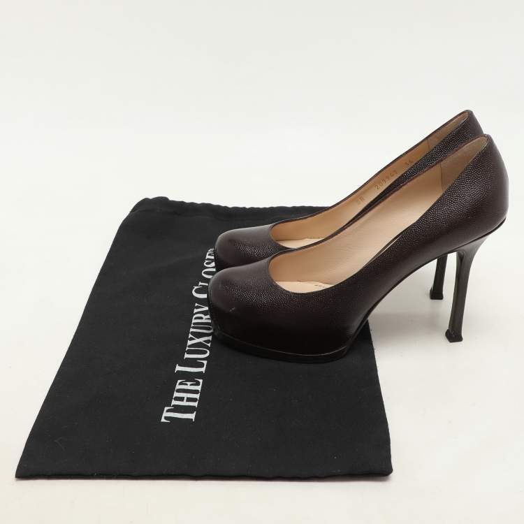Pre Owned Yves Saint Laurent Brown Textured Leather Tribtoo Platform Pumps Size 36