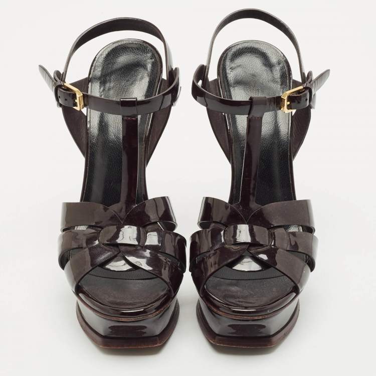 Pre Owned Yves Saint Laurent Burgundy Patent Leather Tribute Platform Sandals Size 38