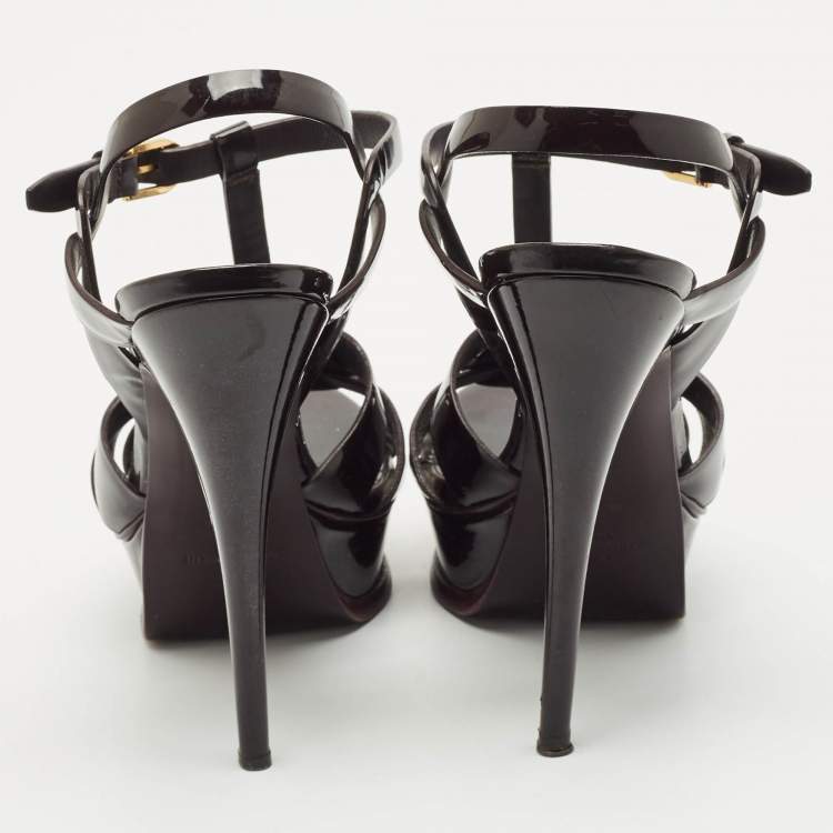 Pre Owned Yves Saint Laurent Burgundy Patent Leather Tribute Platform Sandals Size 38