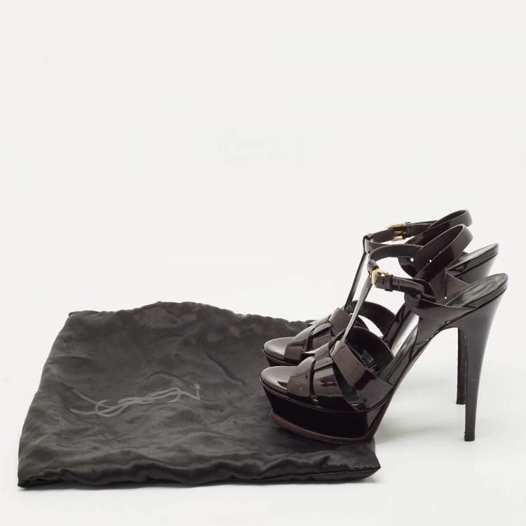 Pre Owned Yves Saint Laurent Burgundy Patent Leather Tribute Platform Sandals Size 38