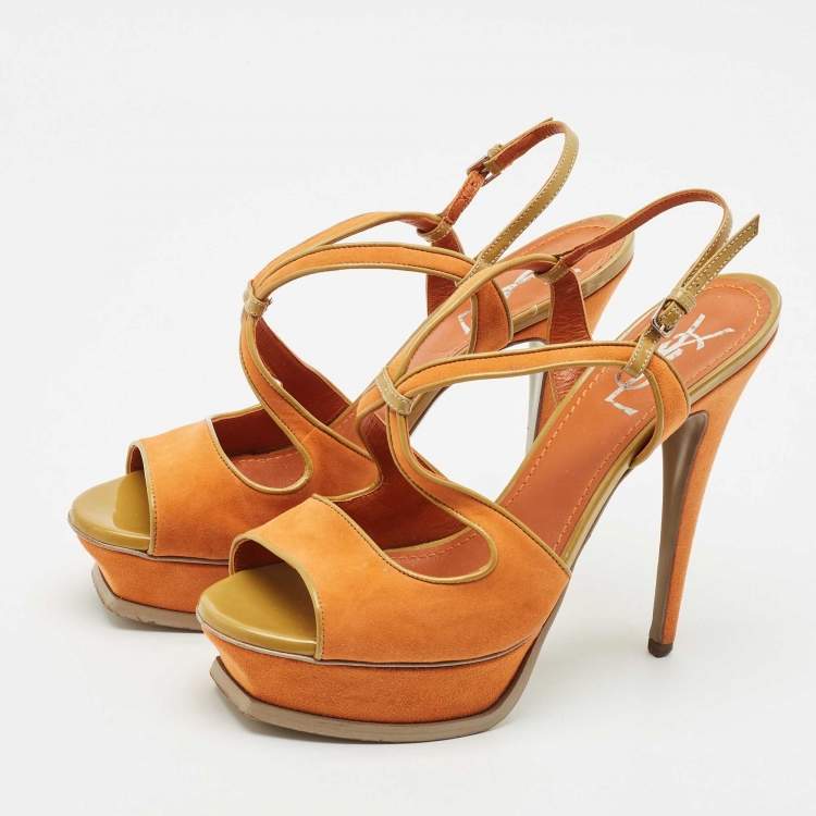Pre Owned Yves Saint Laurent Orange/Green Suede and Patent Leather Platform Sandals Size 39.5