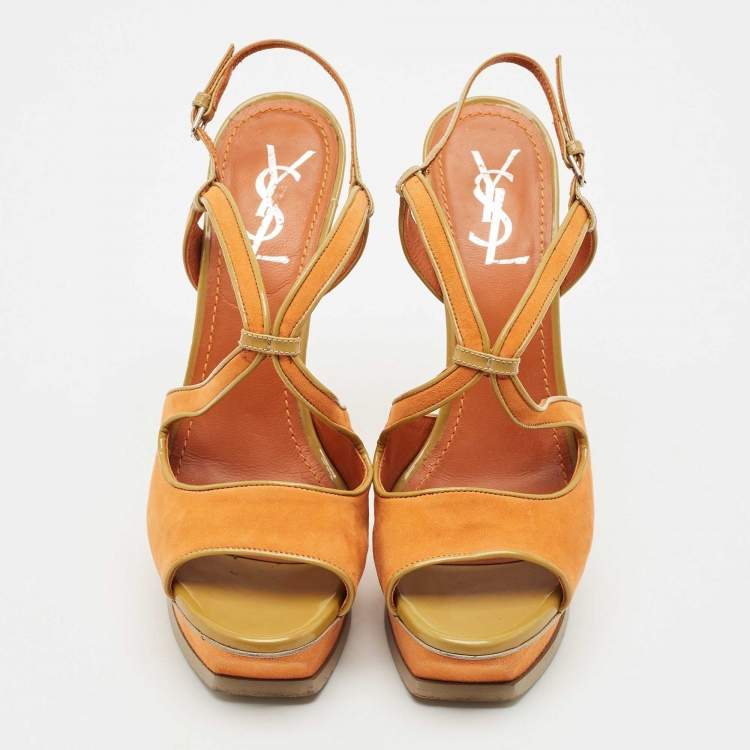 Pre Owned Yves Saint Laurent Orange/Green Suede and Patent Leather Platform Sandals Size 39.5