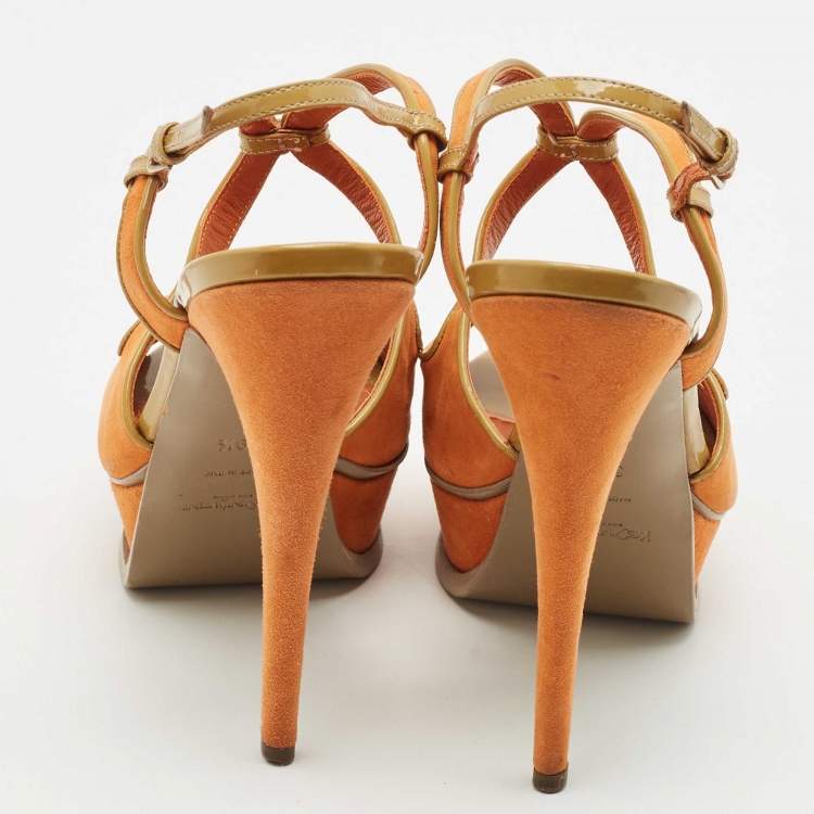 Pre Owned Yves Saint Laurent Orange/Green Suede and Patent Leather Platform Sandals Size 39.5