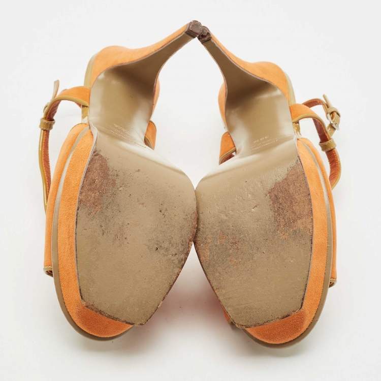 Pre Owned Yves Saint Laurent Orange/Green Suede and Patent Leather Platform Sandals Size 39.5
