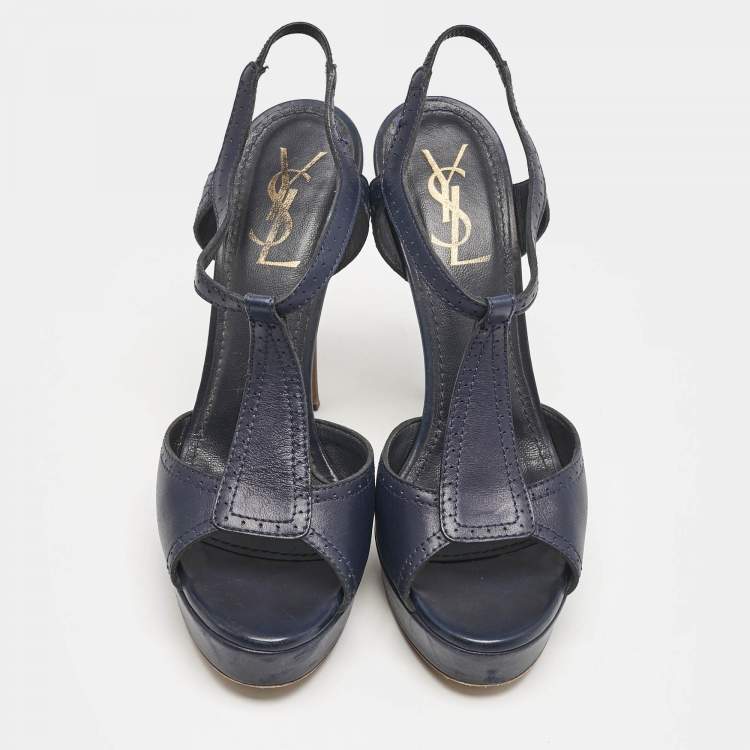 Pre Owned Yves Saint Laurent Navy Blue Leather T Strap Platform Sandals Size 38.5