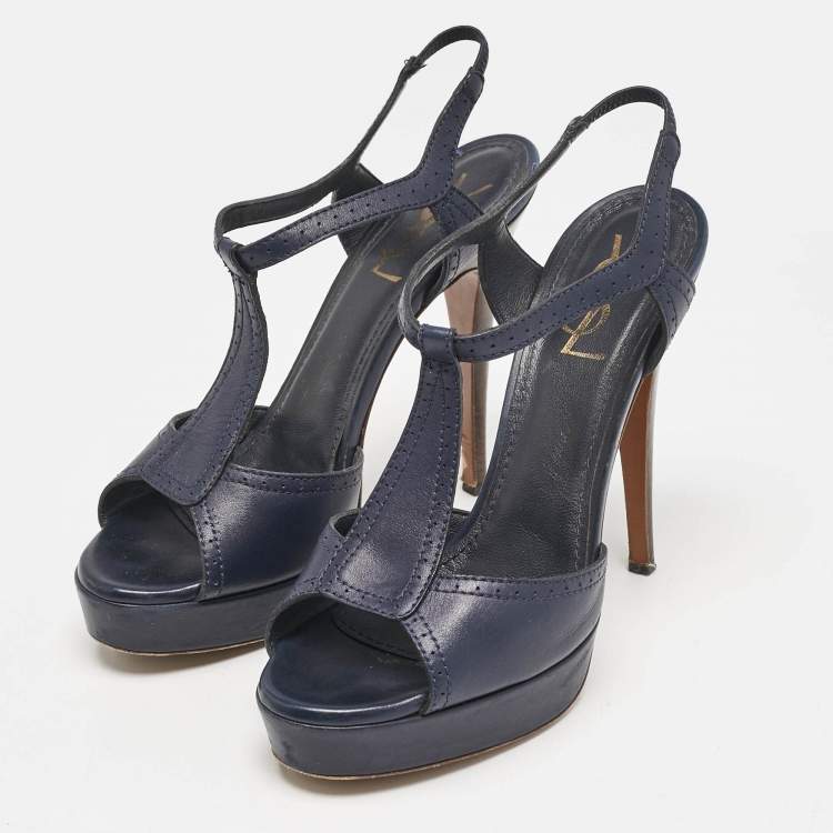 Pre Owned Yves Saint Laurent Navy Blue Leather T Strap Platform Sandals Size 38.5